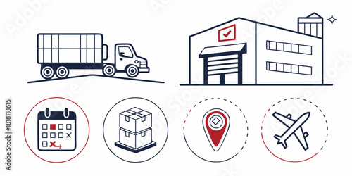 Logistics Icons With Truck Warehouse Calendar Boxes Airplane and Location Pin delivery