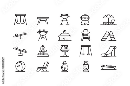 Clean vector icons of slides, seesaws, grills, and outdoor leisure equipment