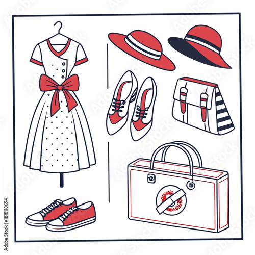 Vintage Fashion Outfit And Accessories In Red And White Line Art retro dress