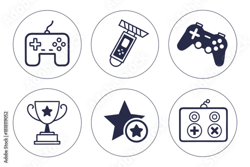 Circular icons of gaming equipment and achievements on white background controller