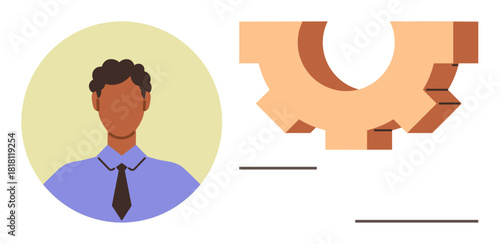 Business professional portrait next to gear icon, symbolizing teamwork, efficiency, skills, and innovation. Ideal for career growth, HR, management tech productivity workflow and strategy. Modern