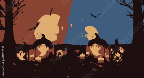 Minimalist Halloween Scene with Glowing Jack o Lanterns Ghosts and Bats at Dusk