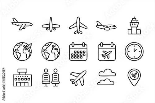 Outline flight and airport icons for booking apps, navigation, and tourism design