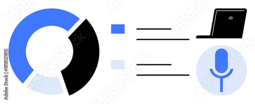 Pie chart, text lines, laptop, microphone illustration combining data visualization and voice-to-text concept. Ideal for technology, analytics, communication, transcription, presentations AI