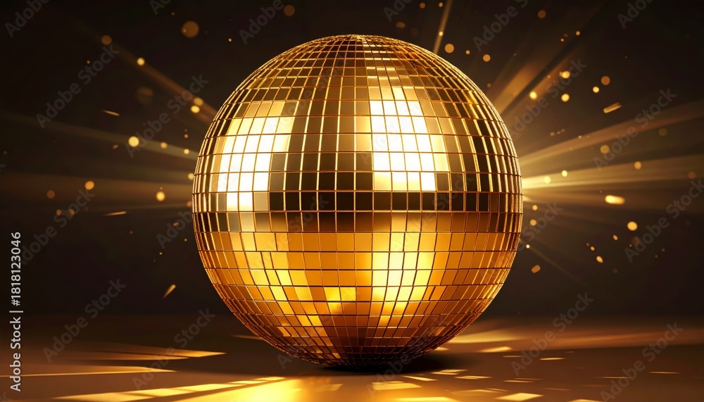 Fototapeta premium Bright golden disco ball reflects nightclub lights to celebrate a retro dance party on a dark background