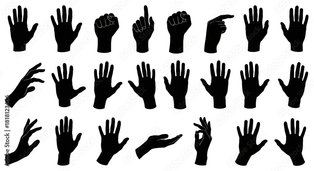 Fototapeta premium A comprehensive collection of diverse human hand gestures, pure black silhouettes with sharp lines including open palm, closed fist, pointing finger, neatly arranged on a stark transparent background,
