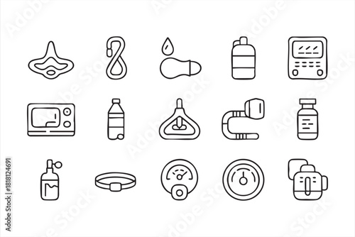 Healthcare device outline icons for respiratory care, oxygen therapy, and treatment visuals