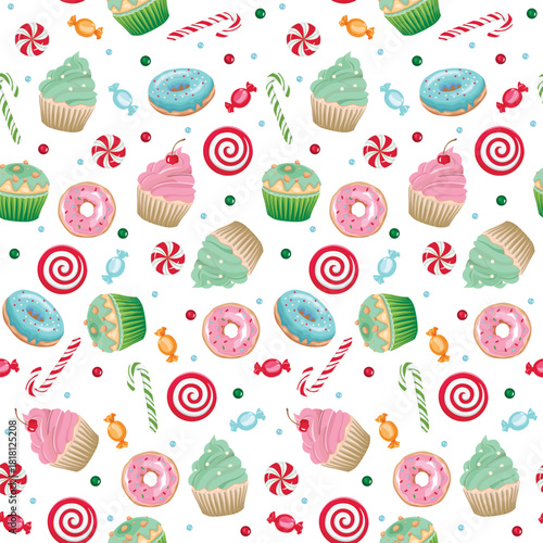 Christmas Cupcakes Candy Seamless Pattern Vector Art
