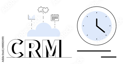 CRM text with cloud connections to chart, calendar, and puzzle piece alongside a large clock. Ideal for productivity, scheduling, organization, teamwork, automation, time-tracking strategic