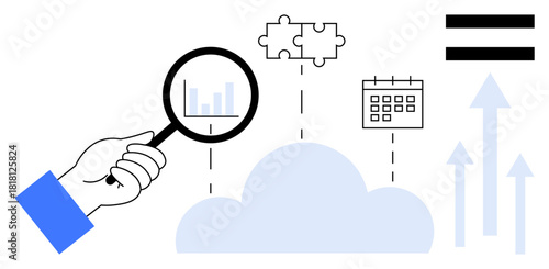 Hand holding magnifying glass over cloud highlights data analysis, puzzle refers to collaboration, calendar implies scheduling. Ideal for teamwork, problem-solving, project management, organization