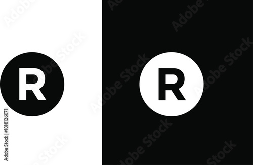 Registered trademark symbol icon vector illustration, black and white letter R in circle logo design, legal copyright brand protection sign, flat branding identity emblem