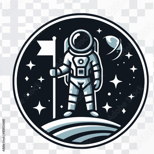Monochrome vector illustration of an astronaut holding a flag.