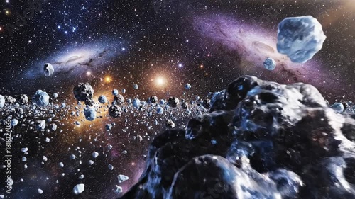 Vast Asteroid Belt Field With Distant Galaxies And Nebulae In Deep Space Cosmic Background