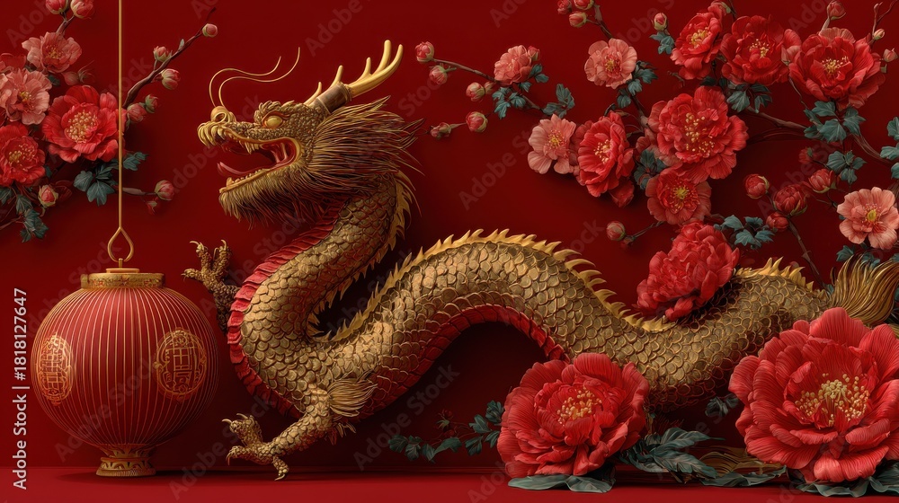 Fototapeta premium golden dragon with red flowers background chinese dragon is symbol of the new year in the year 2024 a red and gold lantern with a flower and a red zodiac golden dragon set against a lifestyle 2026