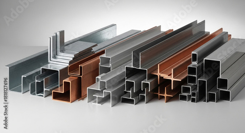 Assortment of metal profiles, bars, and structural shapes