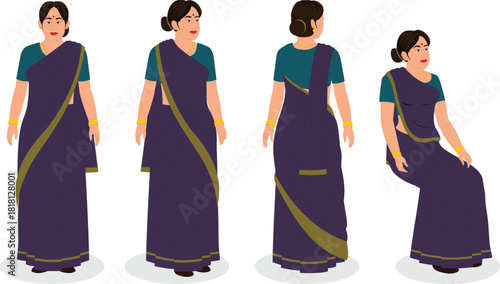 all view poses of indian woman in saree animation ready vector illustration	