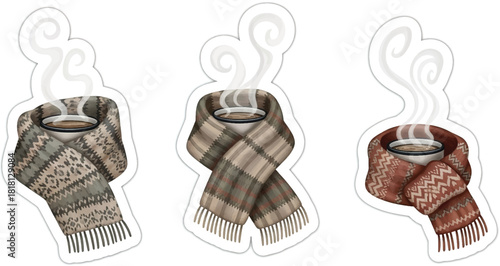 Watercolor sticker pack illustrating cozy festive scenes, mug of cocoa, knitted mitten, Suitable for winter season lifestyle or cozy home celebration theme.