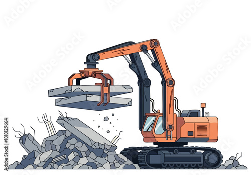 Excavator lifts a concrete slab amidst rubble. Bold orange and black illustration style. Strong composition, impactful visual. Suitable for commercial use.