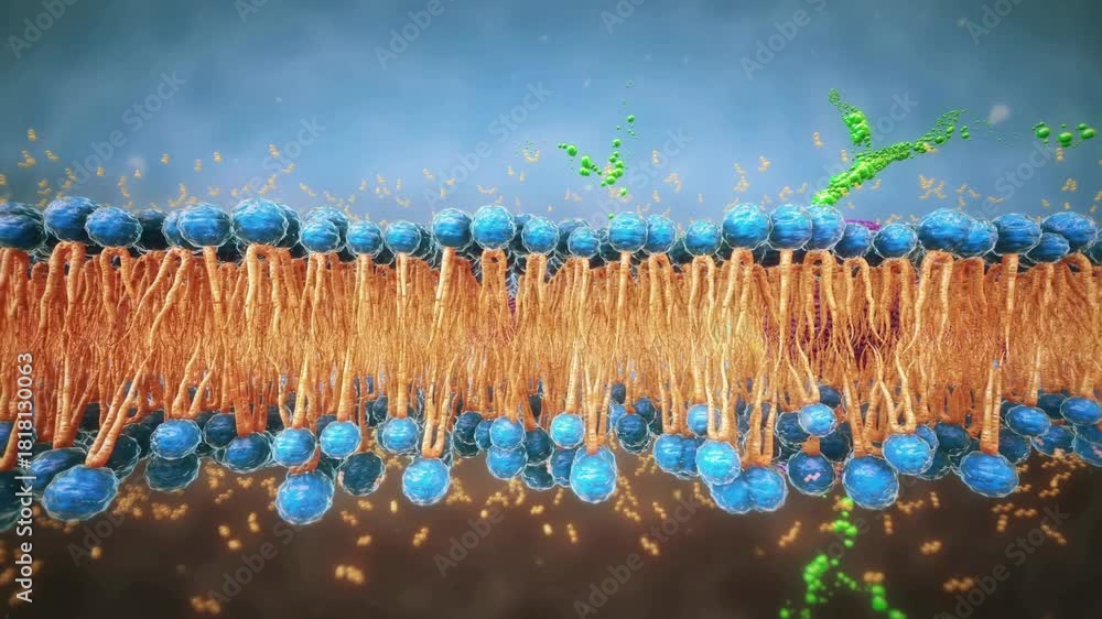 Microscopic 3D animation of a cell membrane phospholipid bilayer with ...