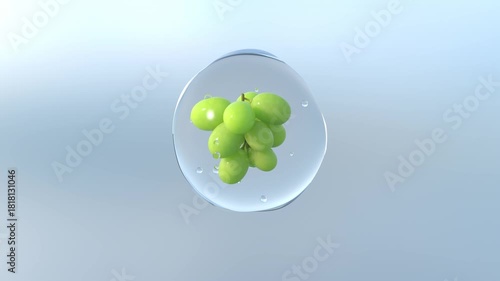 Green Grapes Inside Clear Water Droplet Floating in the Air on Light Blue Background

