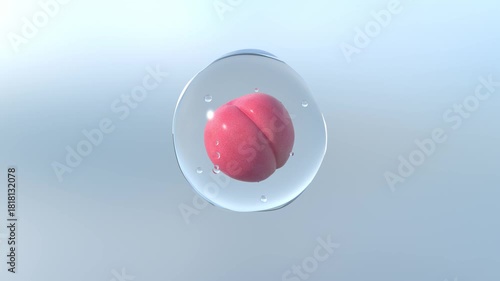 Peach Inside Clear Water Droplet Floating in the Air on Light Blue Background
