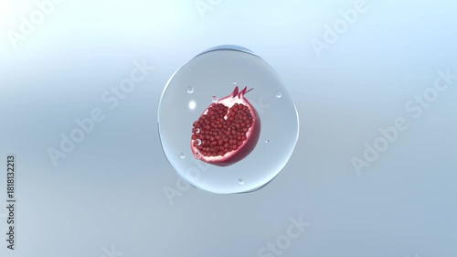 Pomegranate Inside Clear Water Droplet Floating in the Air on Light Blue Background
