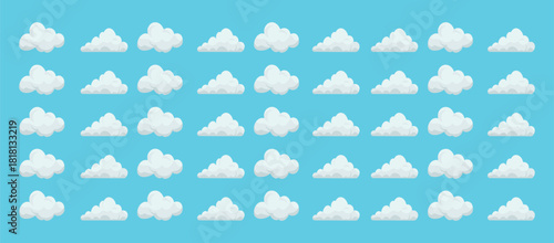 Cartoon cloud grid icon set, marked center cloud, cyan background pattern, weather graphic, sky illustration, visual puzzle element
