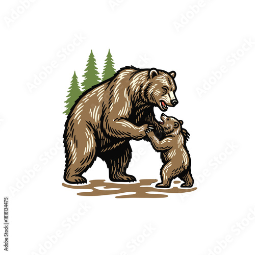 Mother grizzly and cub standing paw to paw in shallow water, pine trees behind, vintage woodcut wildlife vector on white.