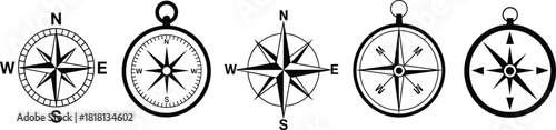 Compass rose icon set, cardinal direction symbols, navigation graphic, map design, orientation element, travel and geography illustration