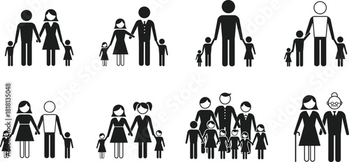 Diverse Family Silhouette Icons Set, Stick Figures, Traditional, Single Parent, Large Family, Grandparents, Vector Graphic, Relationships, People, Life.