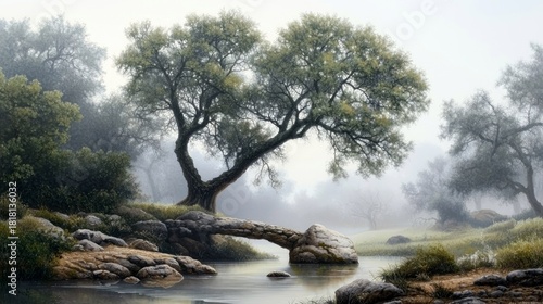 A serene natural landscape featuring a large, ancient tree with gnarled branches arching over a calm stream. A natural rock bridge crosses the water, connecting