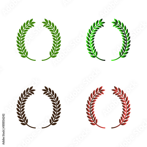 A decorative vector set of green laurel wreath leaves and gold olive branches illustrating a symbol of triumph, winner, or award trophy