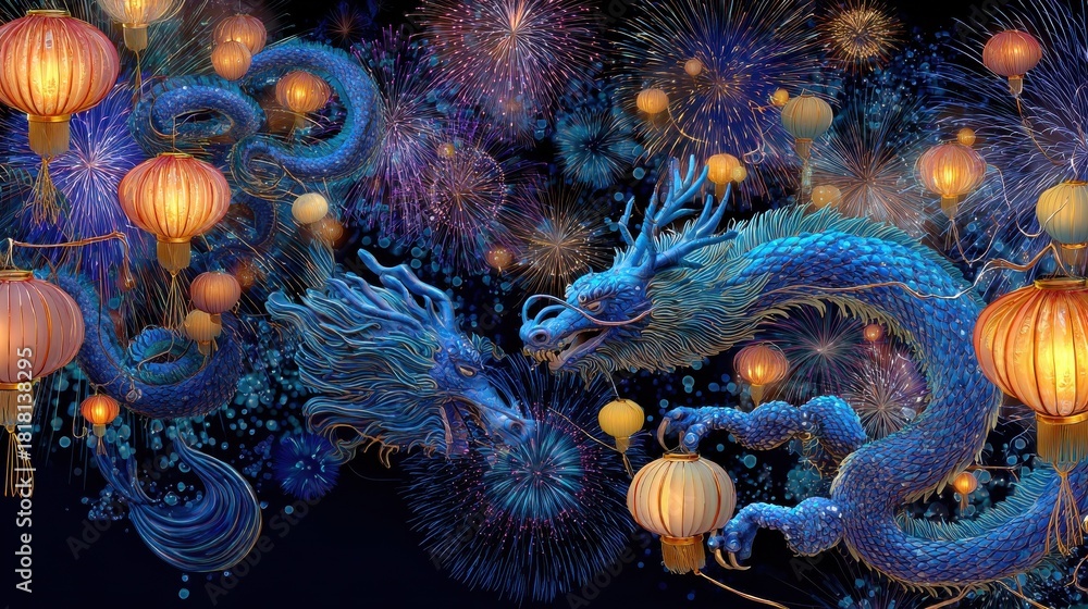 Obraz premium vibrant fireworks and blue dragon celebrate new year 2026 with lanterns 2026