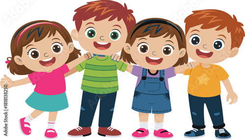 Children friends, unity, teamwork, childhood friendship, happy kids, social bonding, inclusive community, flat vector illustration