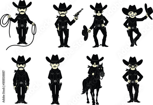 Cowboy character poses, black outfit, western gunslinger, lasso, horse riding, confident stance, flat vector illustration