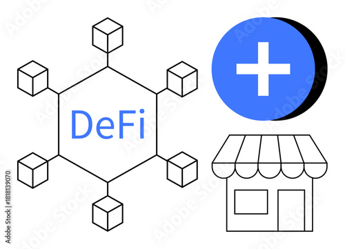 Decentralized Finance DeFi concept. Blockchain network structure enabling retail and financial innovations. DeFi promotes digital asset use and blockchain technology. For fintech, retail