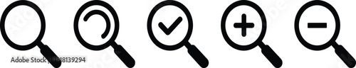 Magnifying glass icon set, UI symbol graphics, zoom search confirm refresh actions, black silhouette design elements