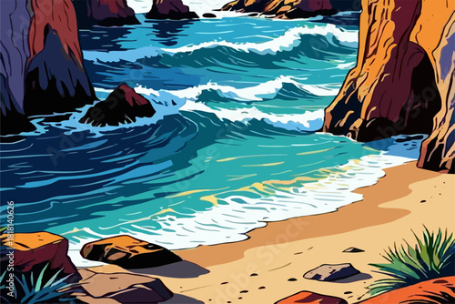 vector illustration of a painting style of a coastal beach with waves and cliffs