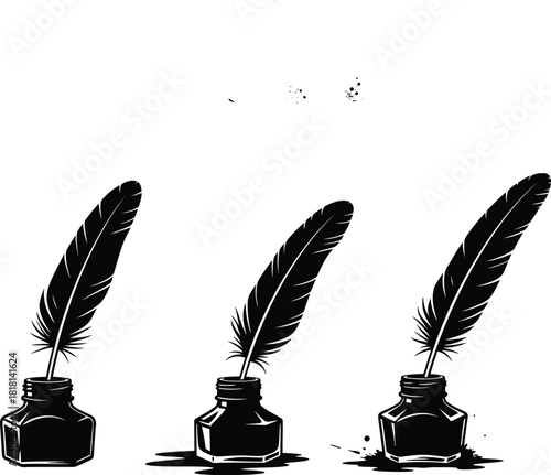 Three inkwells with feathers black and white vintage writing illustration