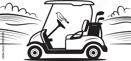 Golf Cart With Clubs and Bird on Steering Wheel Line Art on Transparent Backdrop