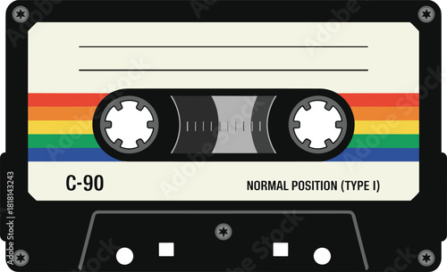 Retro cassette tape icon, rainbow-striped label, vintage audio media, black silhouette graphic, nostalgic music illustration element