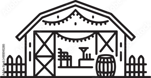 Outline vector illustration of barn full of furniture and decorations on transparent area