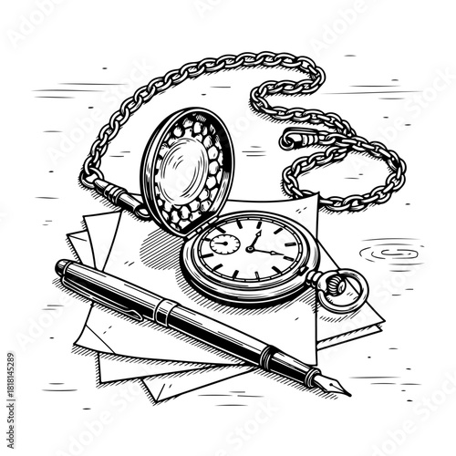 A classic still life illustration featuring a vintage pocket watch with a chain, a fountain pen, and a stack of papers.