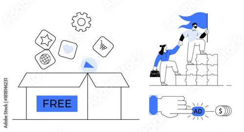 Box releasing apps and tools thumbs up star, play, gear. Figures on puzzle stack with flag, hand clicking ad button. Ideal for marketing, teamwork, online business, leadership technology