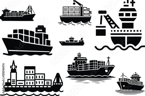 Ship and boat set water transport symbol. vessels for travel and transportation set of ship at sea, sail boats, yacht, passenger craft, cruiser and cargo ships Warship navy silhouettes set.