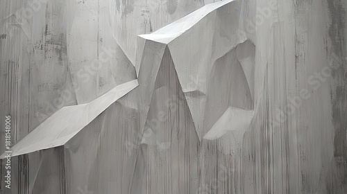 An abstract sculpture made of folded white paper is mounted on a textured wall with vertical paint drips, creating a monochromatic and artistic composition.