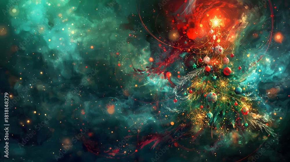 Obraz premium A vibrant holiday image features a decorated tree against a nebula-like backdrop, radiating cheer.