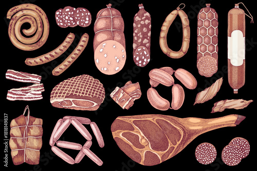 Sketched meat products vector collection