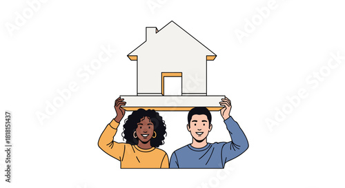 Happy young diverse couple holding up a house, symbolizing homeownership and the American dream, perfect for real estate or mortgage promotions