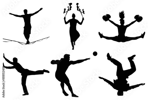 Diverse silhouette figures performing various athletic and acrobatic activities and sports